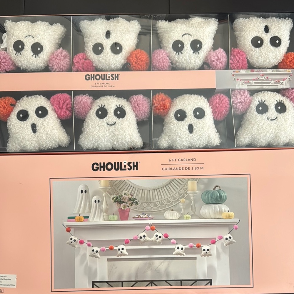 Ghoulish Ghost Garland with Pink Pom Poms